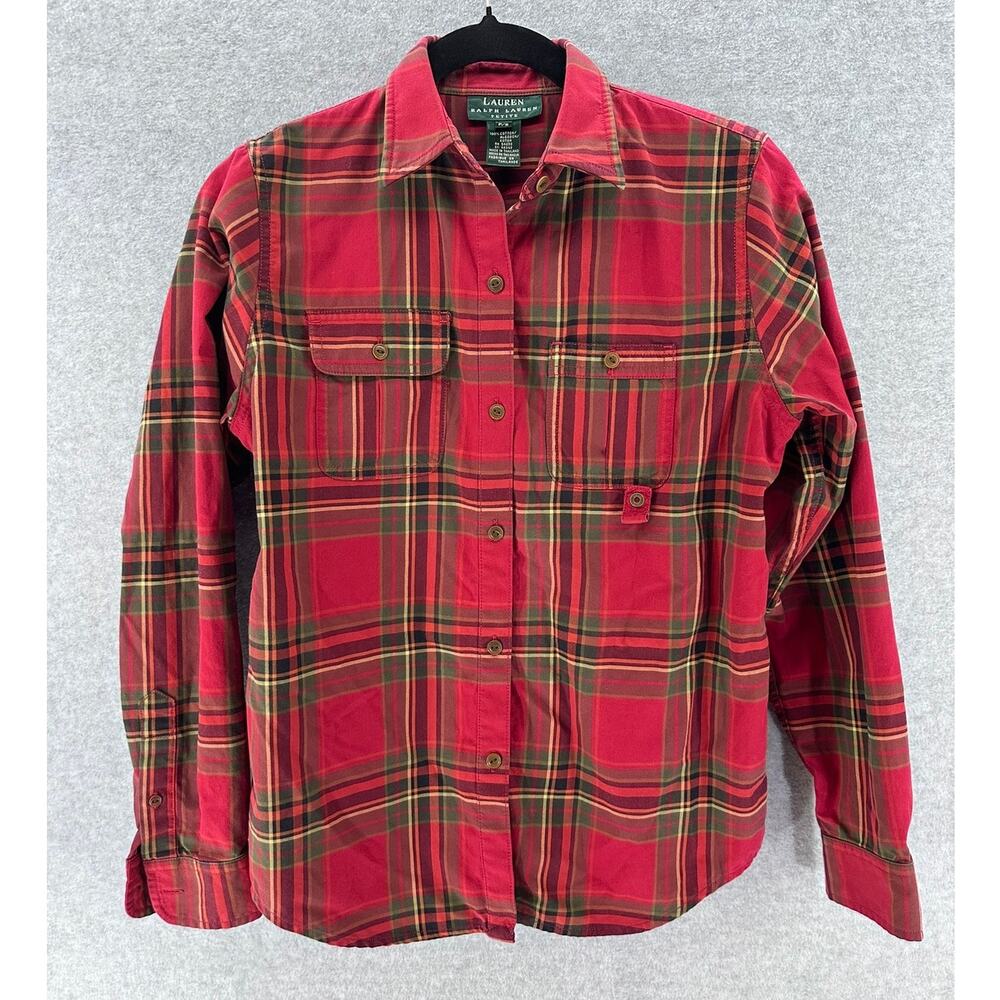 VTG Ralph Lauren Women's S Petite 100% Cotton Red Plaid Button Down Flannel 90s